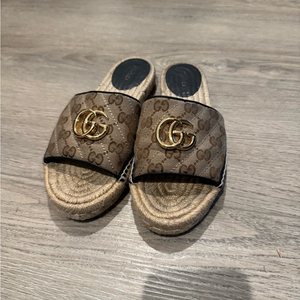 Gucci Brown Slide Espadrilles Sandals